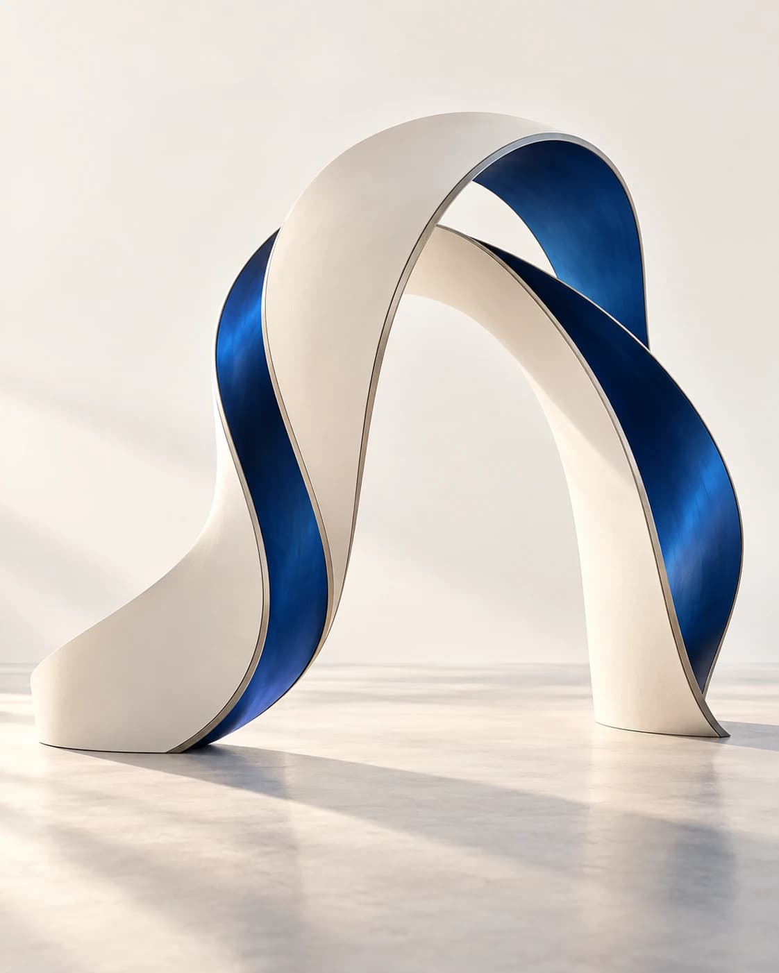 Ivory and blue architectural ribbons opening into an arch, representing unlocked potential.